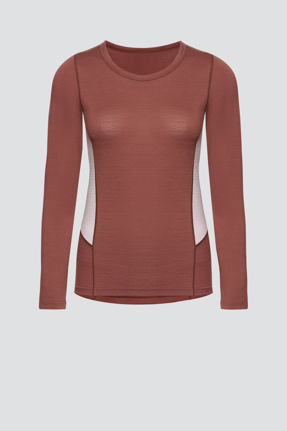Produktbild Vorderansicht Merinowolle-Shirt langarm von Comazo in der Farbe Brandy/Rosegrey aus 100% mulesing-freier Schurwolle mit Mesh-Einsätzen