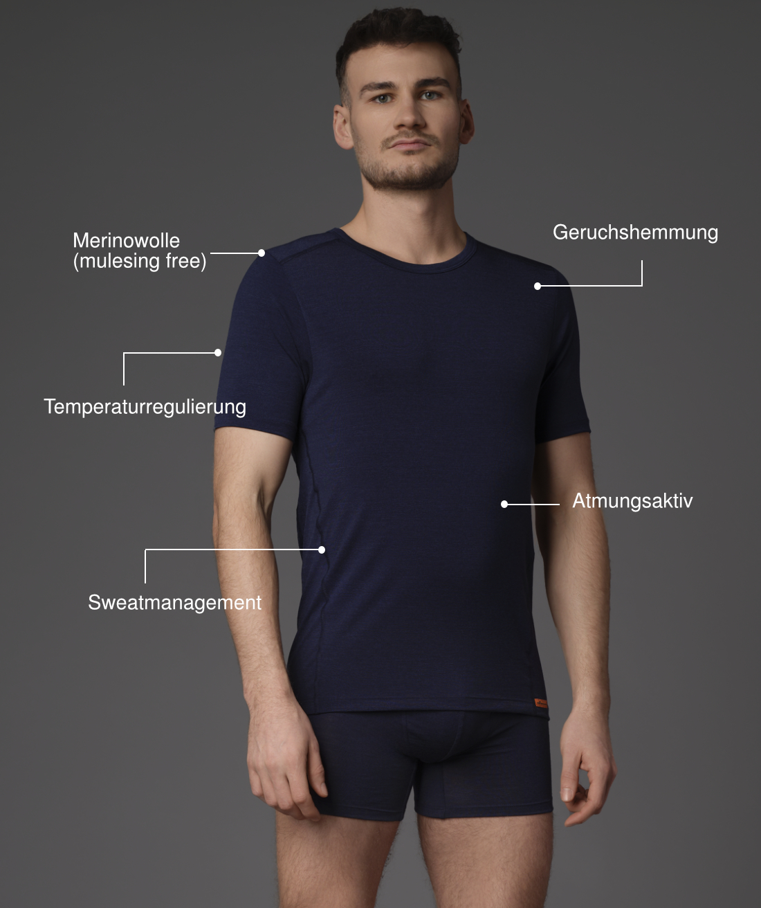 Vorderansicht: Mann trägt strapazierfähiges Merinowolle-Shirt Kurzarm von Comazo Protect Farbe Navy Strapazierfähiges Merinowolle-Shirt Kurzarm von Comazo Protect Farbe Navy