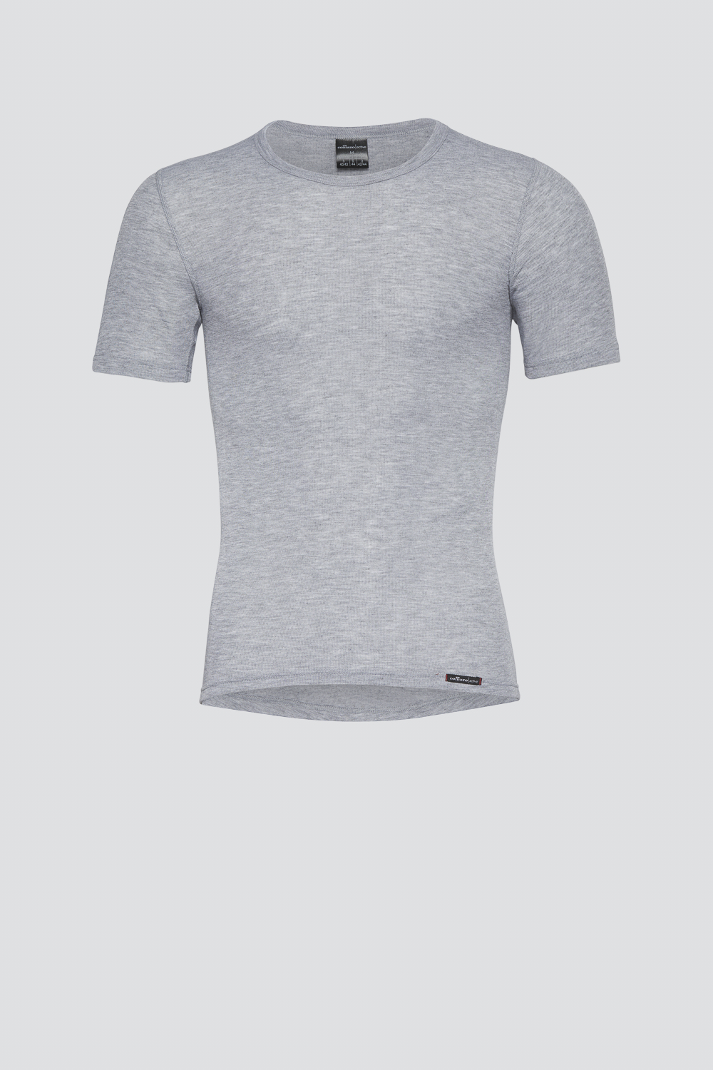 Comazo unisex short-sleeve functional shirt "warm extra", color gray melange. Product image front view Unisex short-sleeve functional shirt "warm extra" by Comazo in gray melange, with a brushed inner lining for optimal heat retention, moisture management, and an extended back panel.