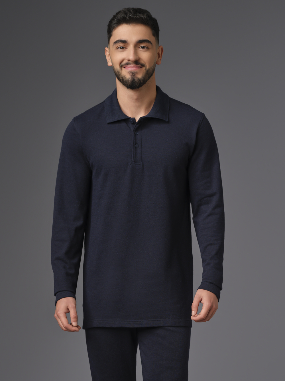 Flame protection long-sleeve polo shirt with practical button placket, color navy Front view: Man wearing Flame protection long-sleeve polo shirt with practical button placket, color navy