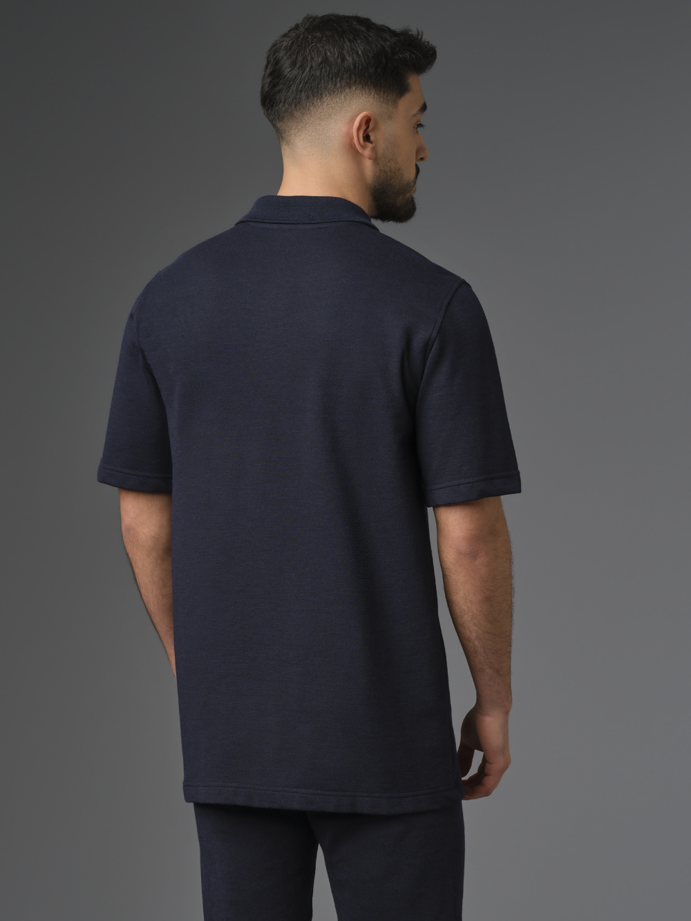 Flame protection short-sleeve polo shirt with practical button placket, color navy Back view: Man wearing Flame protection short-sleeve polo shirt with practical button placket, color navy