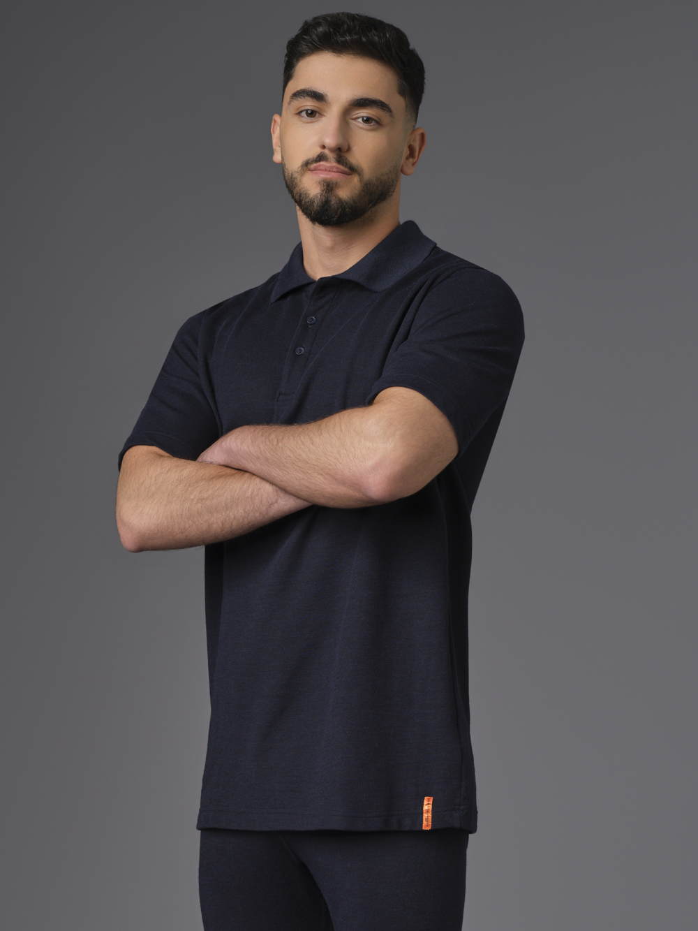 Flame protection short-sleeve polo shirt with practical button placket, color navy Front view: Man wearing Flame protection short-sleeve polo shirt with practical button placket, color navy