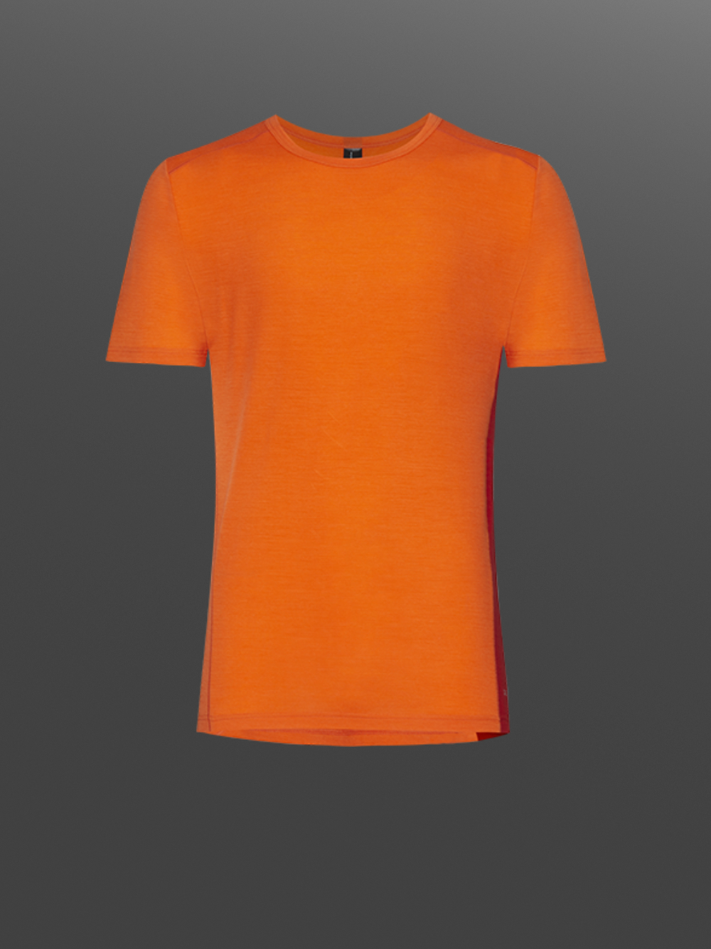 Comazo Herren Shirt kurzarm aus Merinowolle Farbe Orange/Granat Produktbild Vorderansicht Shirt kurzarm aus Merinowolle von Comazo in der Farbe Orange/Granat mit längerem Rückenteil und Rundhalsausschnitt
