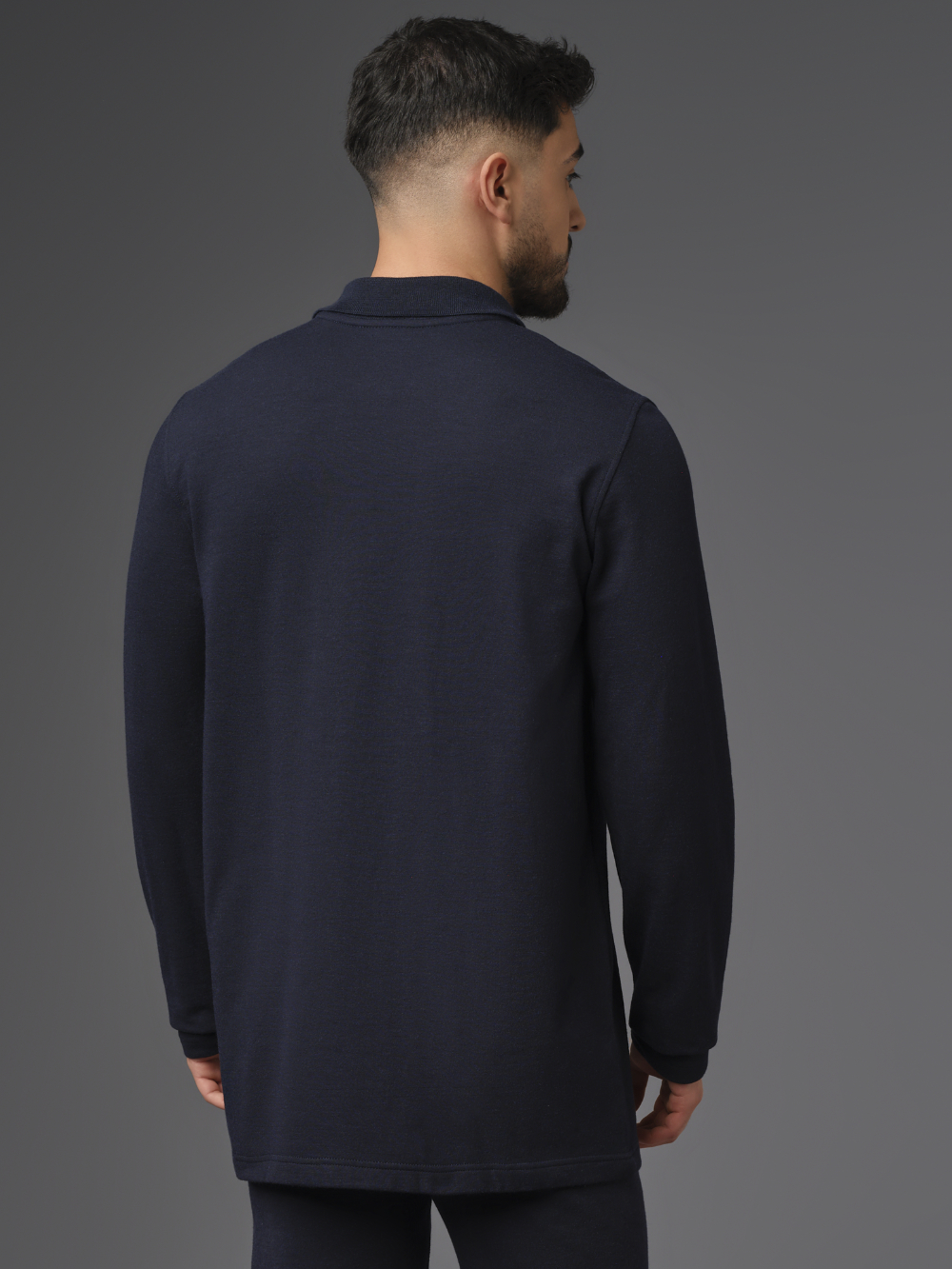 Flame protection long-sleeve polo shirt with practical button placket, color navy Back view: Man wearing Flame protection long-sleeve polo shirt with practical button placket, color navy