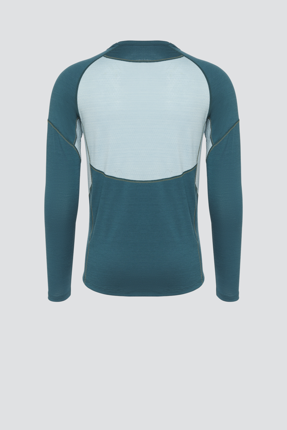 Comazo men's shirt long sleeve made of merino wool, color emerald/light green. Product image back view: Long sleeve shirt made of 100% mulesing-free merino wool by Comazo in emerald/light green color with mesh inserts.