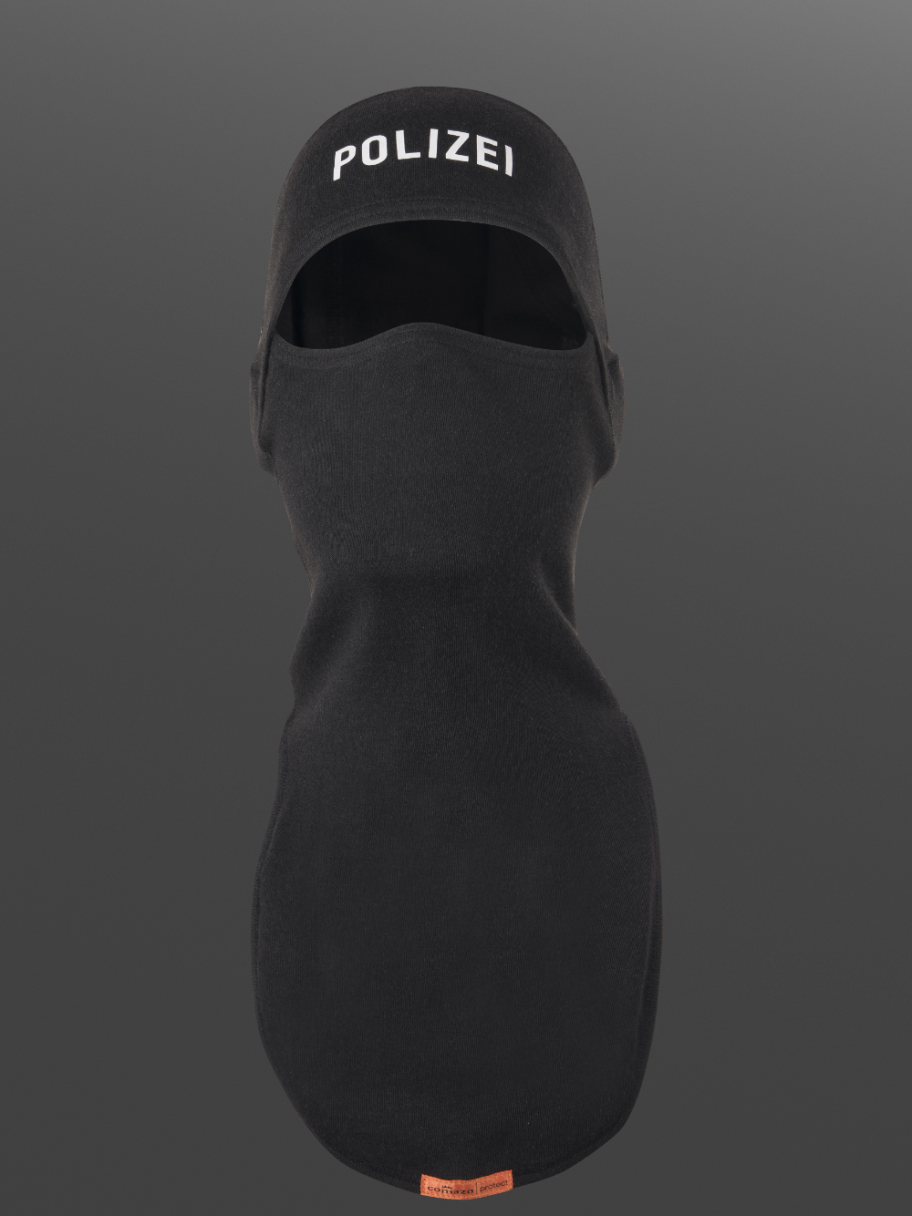 Flame-resistant hood, 1-ply with police print on the forehead area, color black Product image 2 front view: Flame-resistant hood, 1-ply with police print on the forehead area, color black
