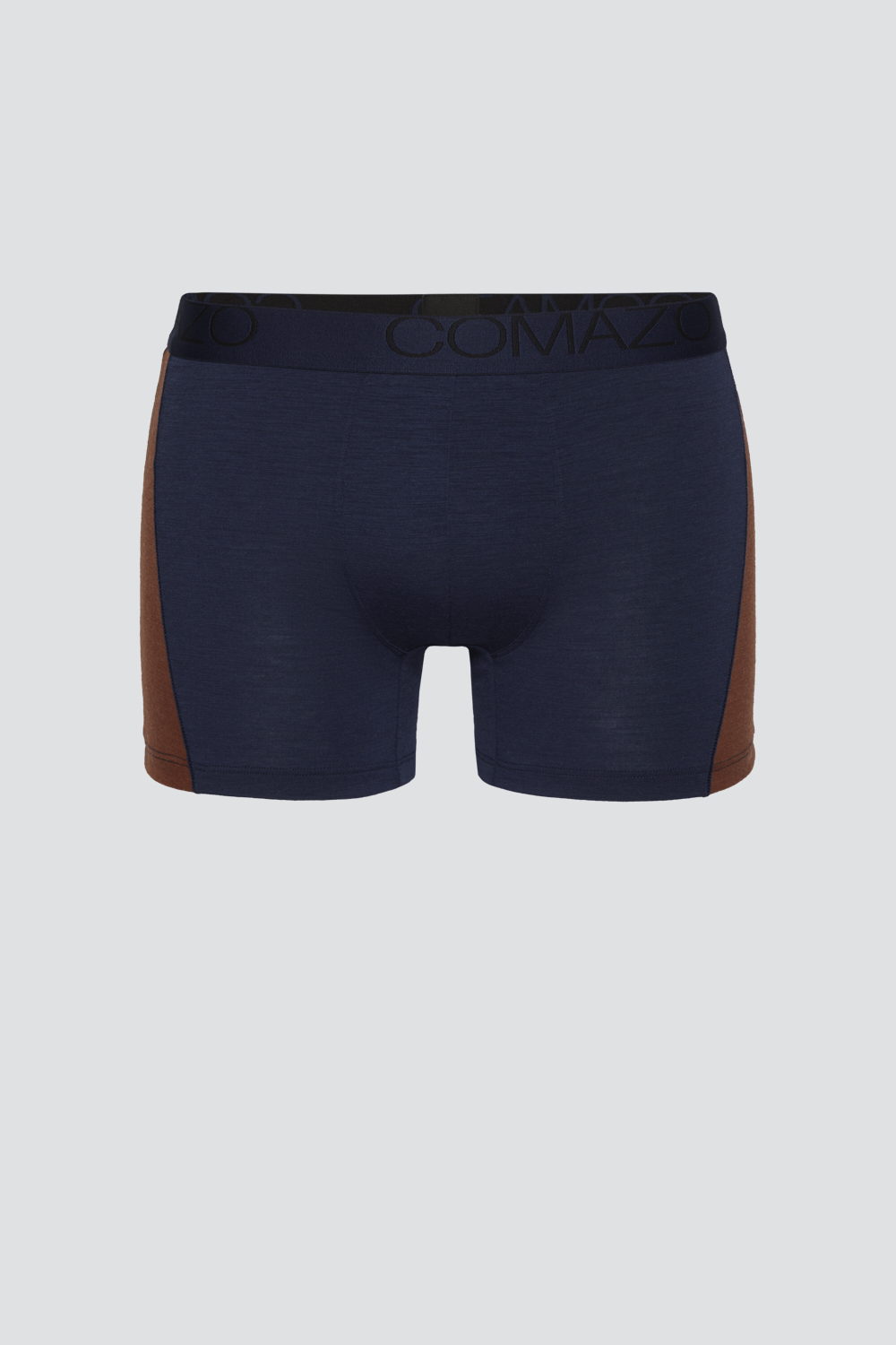 Comazo men's trunks made of merino wool in the color Navy/Chocolate. Product image front view of Comazo men's trunks made of merino wool in the color Navy/Chocolate.