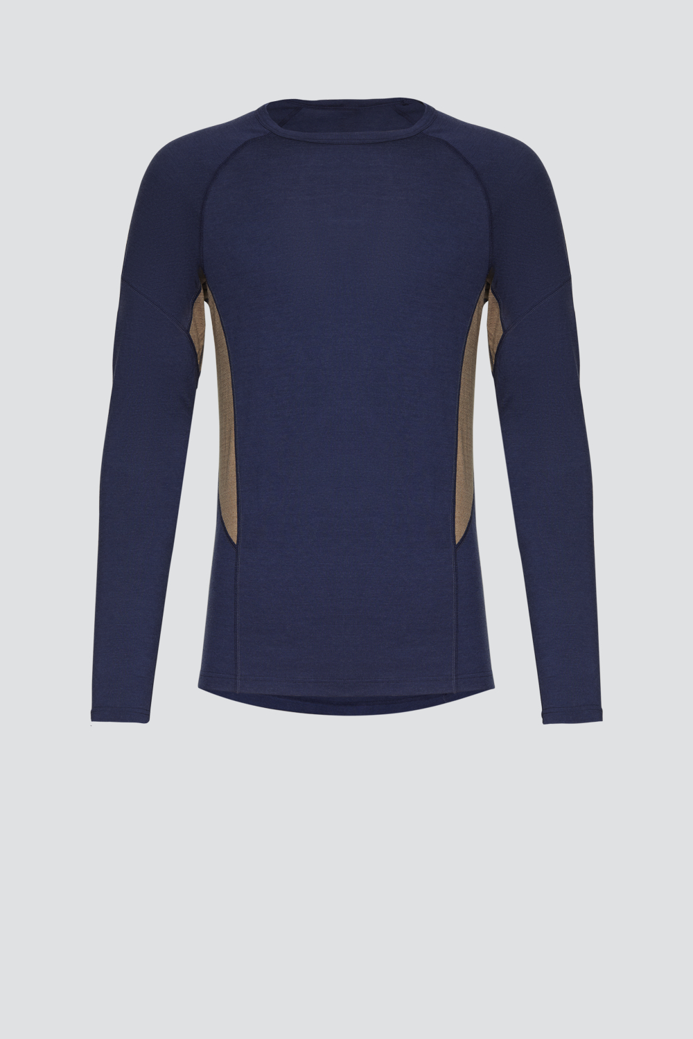 Comazo Herren Shirt langarm aus Merinowolle Farbe Dark-Blue/Coffee Produktbild Vorderansicht Shirt langarm aus 100% mulesingfreier Merinowolle von Comazo in der Farbe Dark-Blue/Coffee mit Mesh-Einsätzen