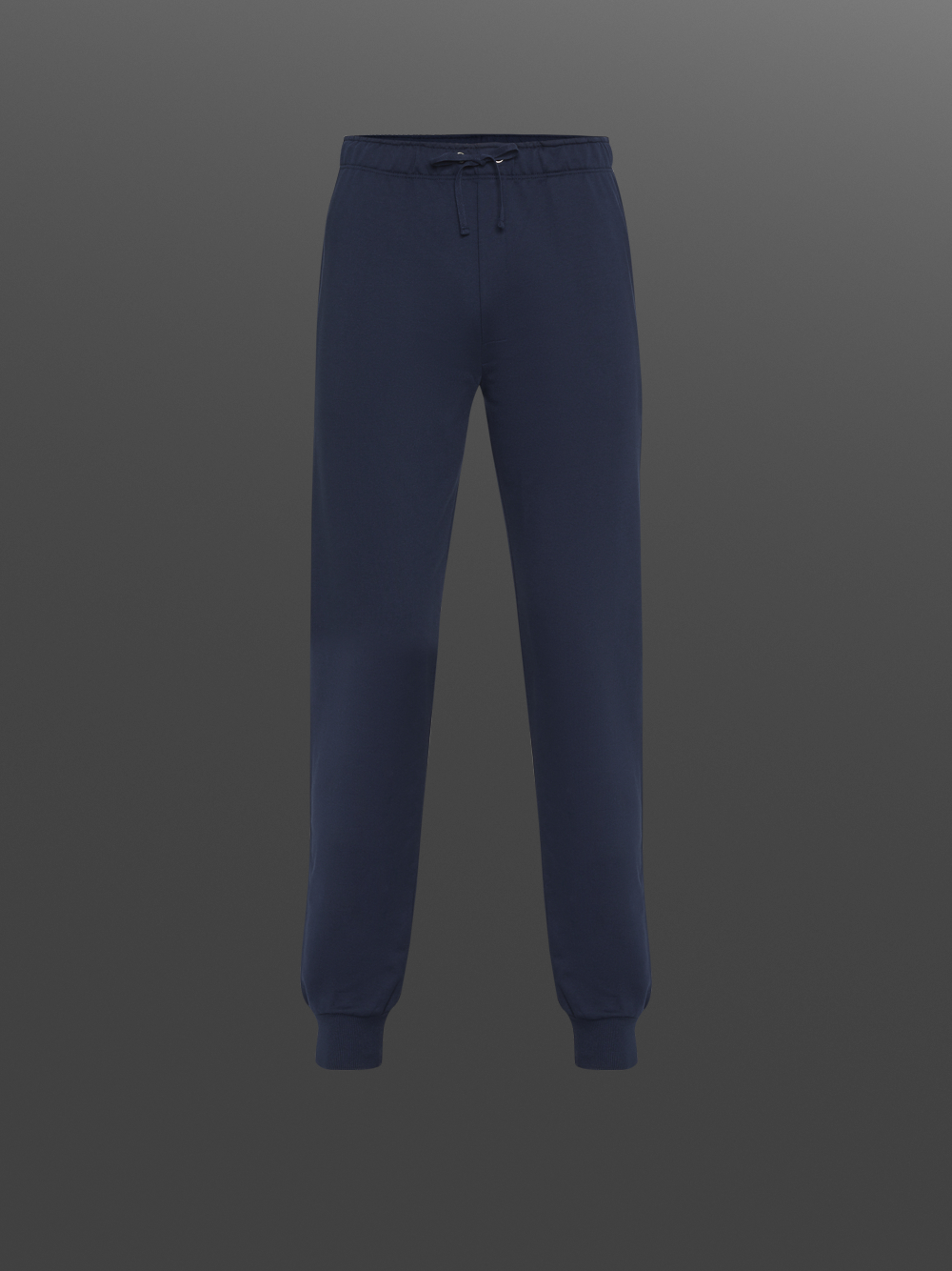 Produktbild Vorderansicht Hose lang mit Bündchen von Comazo in der Farbe Navy mit Kordelzug und seitlichen Eingriffstaschen Comazo Herren Hose lang mit Bündchen Farbe Navy