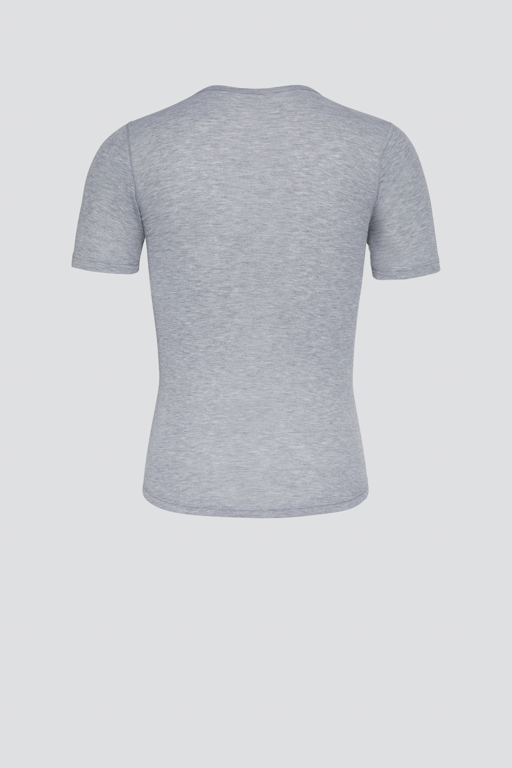 Comazo unisex short-sleeve functional shirt "warm extra", color gray melange. Product image rear view Unisex short-sleeve functional shirt "warm extra" by Comazo in gray melange, with a brushed inner lining for optimal heat retention, moisture management, and an extended back panel.