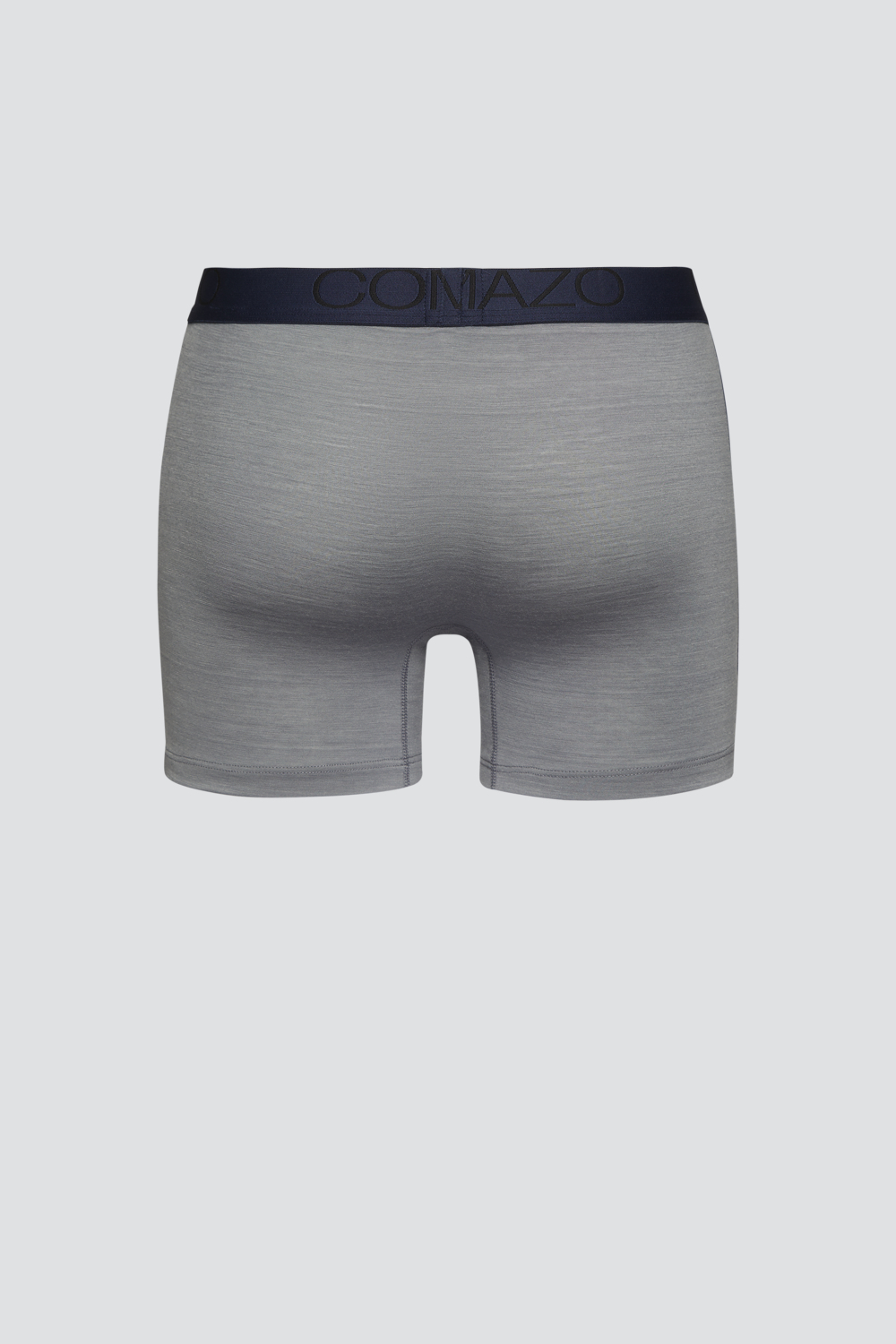 Comazo Herren Trunks aus Merinowolle Farbe Grau/Navy Produktbild Rückansicht Trunks aus Merinowolle von Comazo in der Farbe Grau/Navy mit Schriftzug am Bund