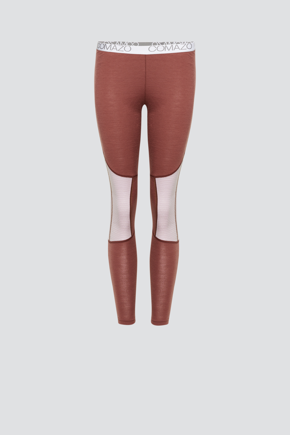 Produktbild Vorderansicht Merinowolle-Leggings von Comazo in der Farbe Brandy/Rosegrey aus 100% mulesing-freier Schurwolle mit Mesh-Einsätzen
