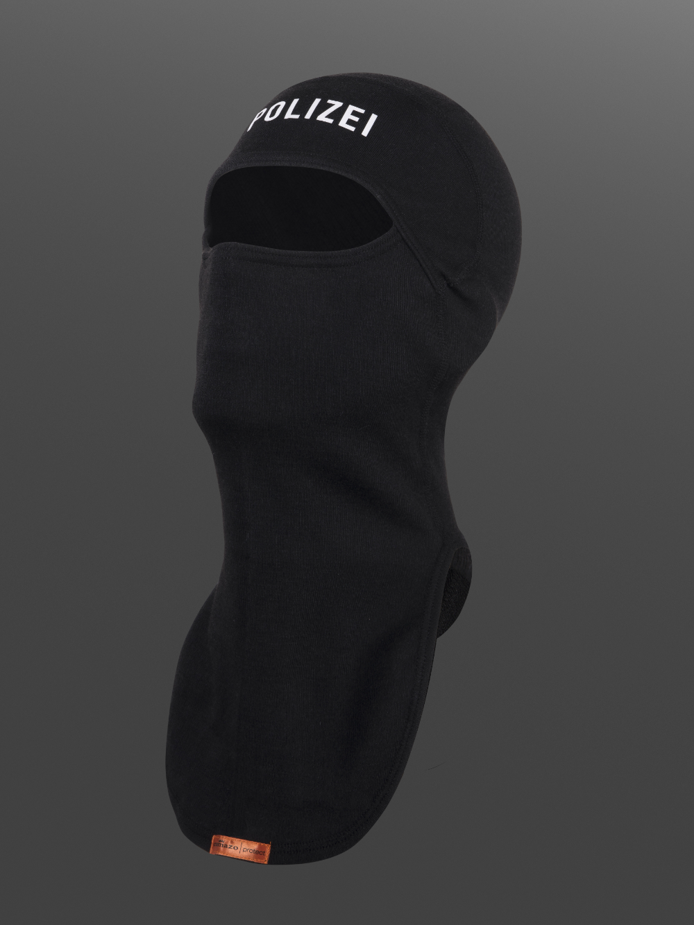 Flame-resistant hood, 1-ply with police print on the forehead area, color black Product image front view: Flame-resistant hood, 1-ply with police print on the forehead area, color black