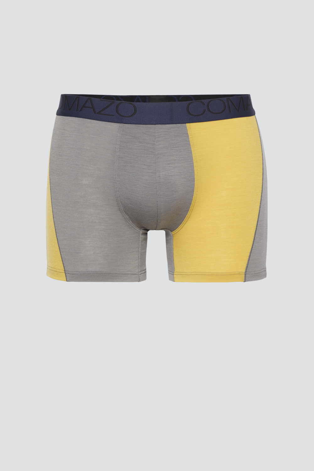 Comazo men's trunks made of merino wool in the color Steelgrey/Mustard. Product image front view of the merino wool trunks from Comazo in the color Steelgrey/Mustard with lettering on the waistband.