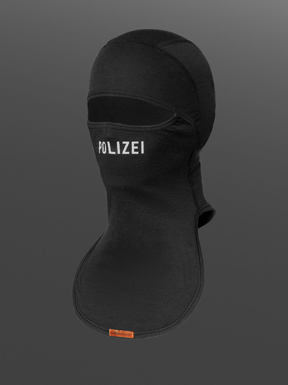 Flame-resistant hood, 1-ply with police print on the mouth/nose area, color black Product image front view: Flame-resistant hood, 1-ply with police print on the mouth/nose area, color black