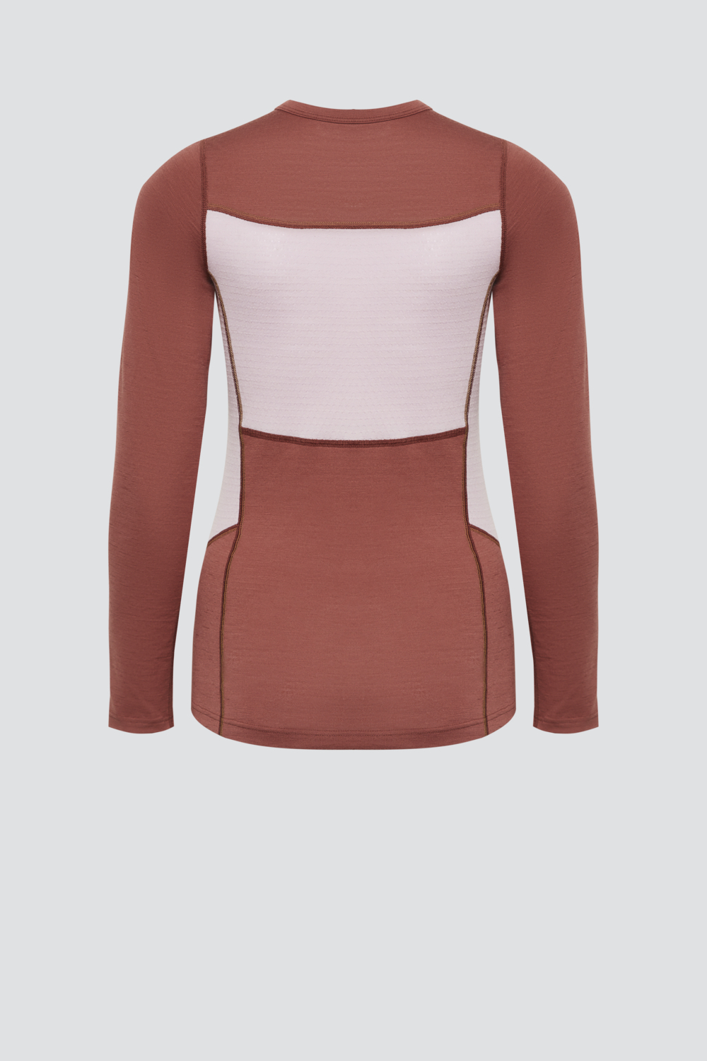 Produktbild Rückansicht Merinowolle-Shirt langarm von Comazo in der Farbe Brandy/Rosegrey aus 100% mulesing-freier Schurwolle mit Mesh-Einsätzen