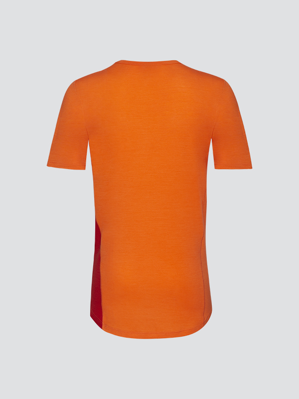 Comazo men's short-sleeve shirt made of merino wool, color orange/granite. Product image back view: Short-sleeve shirt made of merino wool by Comazo in orange/granite color with extended back panel and crew neck.