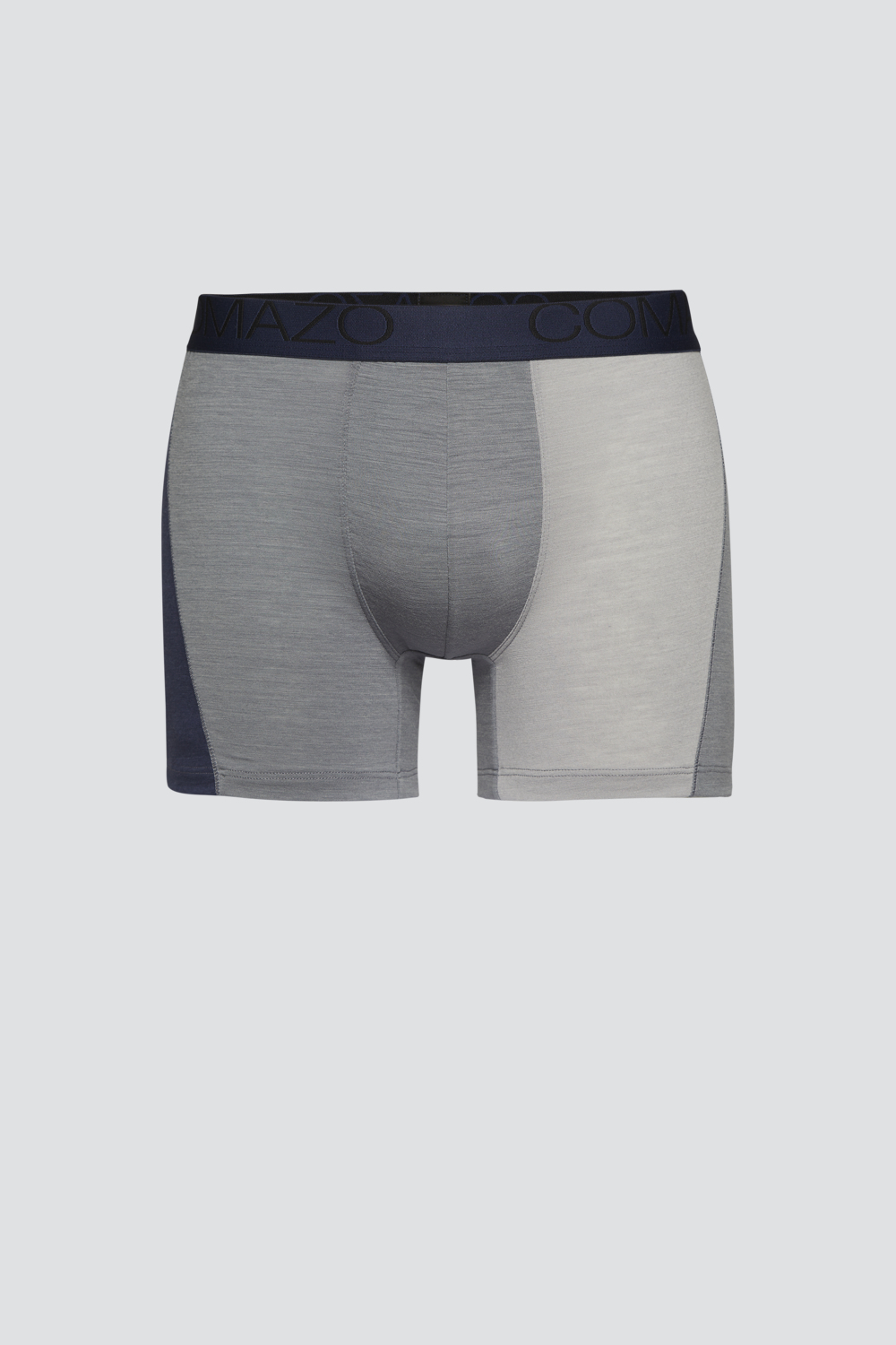 Comazo Herren Trunks aus Merinowolle Farbe Grau/Navy Produktbild Vorderansicht Trunks aus Merinowolle von Comazo in der Farbe Grau/Navy mit Schriftzug am Bund
