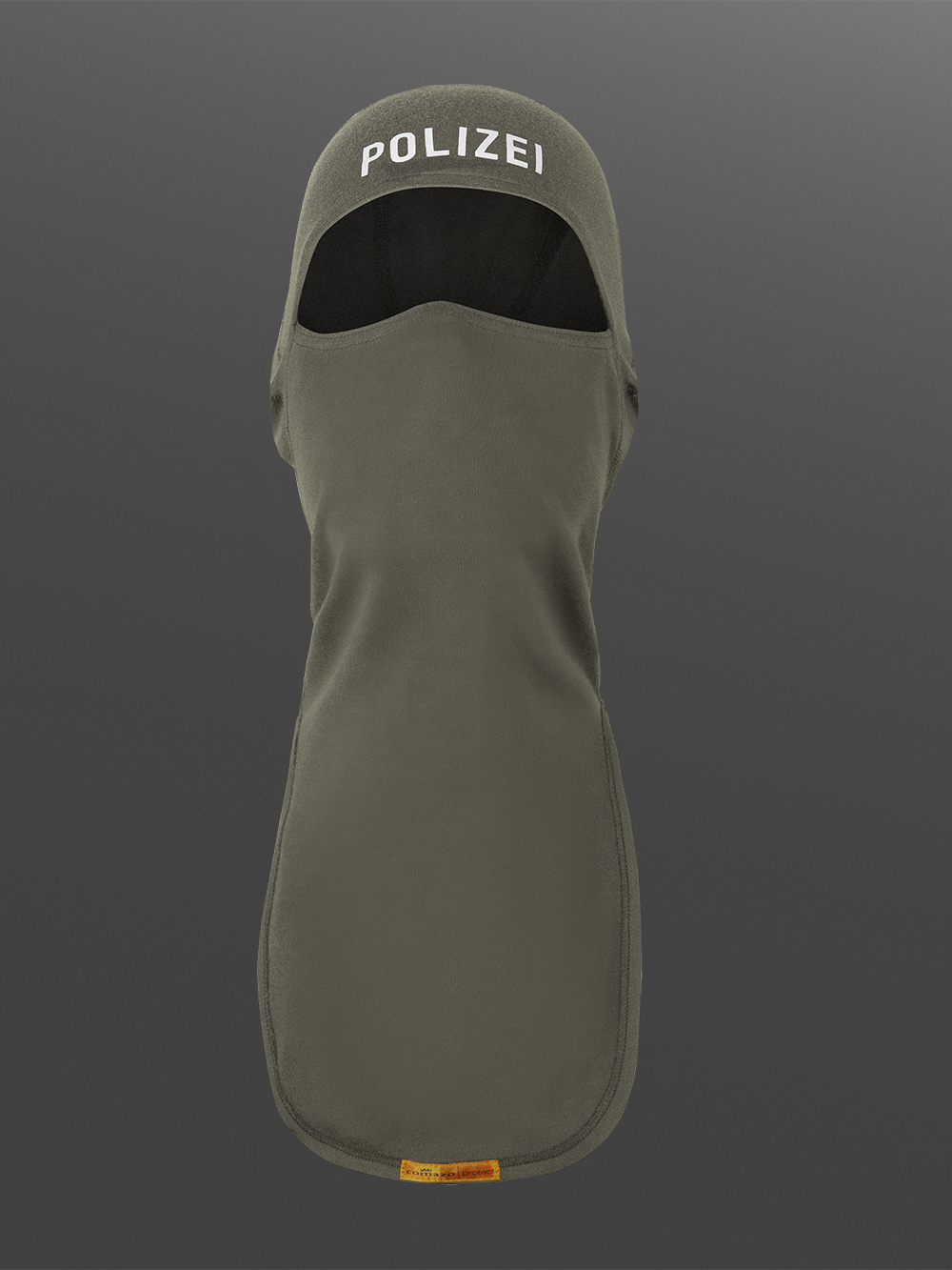 Flame-resistant hood, 1-ply with police print on the forehead area, color stone gray/olive Product image front view: Flame-resistant hood, 1-ply with police print on the forehead area, color stone gray/olive