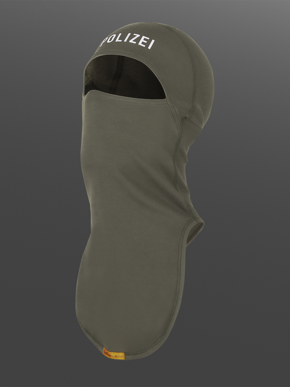 Flame-resistant hood, 1-ply with police print on the forehead area, color stone gray/olive Product image 2 front view: Flame-resistant hood, 1-ply with police print on the forehead area, color stone gray/olive