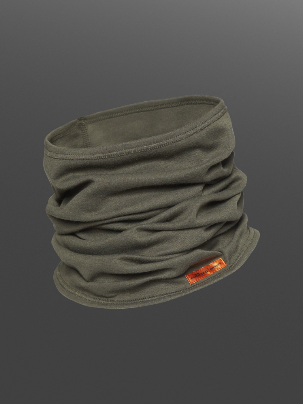 Flame-retardant tubular scarf by Comazo Protect in stone gray-olive color. Product image front view of flame-retardant tubular scarf by Comazo Protect in stone gray-olive color.