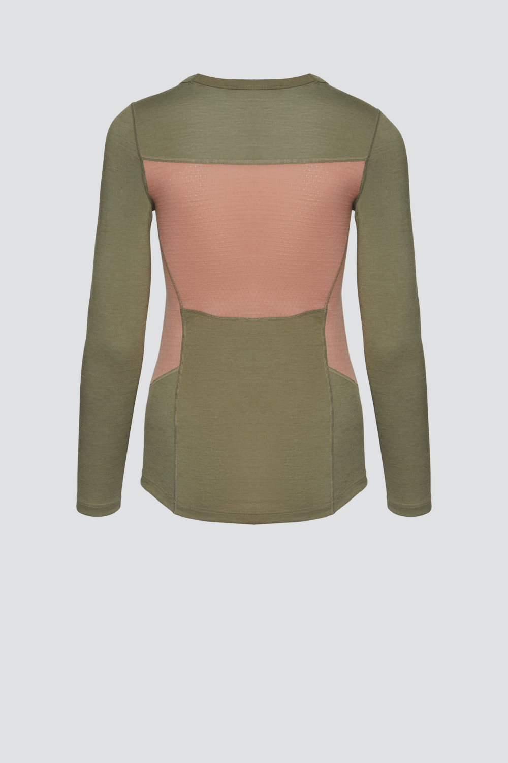 Produktbild Rückansicht Comazo Damen Merinowolle-Shirt langarm Farbe Avocado/Sorbet