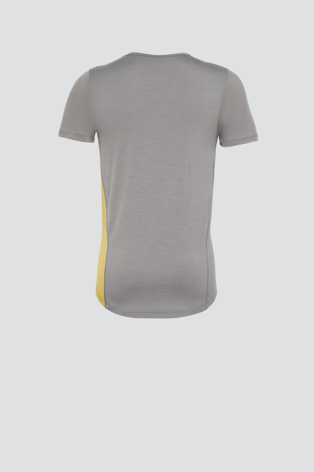 Comazo men's short-sleeve merino wool shirt in steel grey/mustard Product image back view of the short-sleeve shirt made of merino wool from Comazo in the color Steelgrey/Mustard with a longer back and a round neckline.