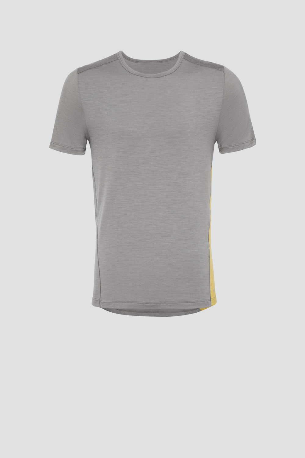 Comazo men's short-sleeve merino wool shirt in steel grey/mustard Product image front view of the short-sleeve shirt made of merino wool from Comazo in the color Steelgrey/Mustard with a longer back and a round neckline.