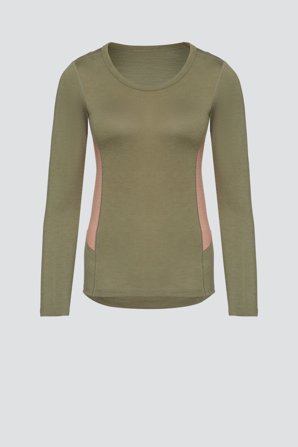 Produktbild Vorderansicht Comazo Damen Merinowolle-Shirt langarm Farbe Avocado/Sorbet