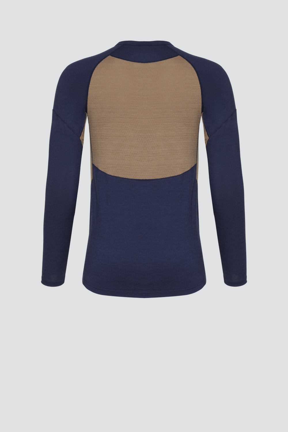 Comazo Herren Shirt langarm aus Merinowolle Farbe Dark-Blue/Coffee Produktbild Rückansicht Shirt langarm aus mulesingfreier Merinowolle von Comazo in der Farbe Dark-Blue/Coffee mit Mesh-Einsätzen