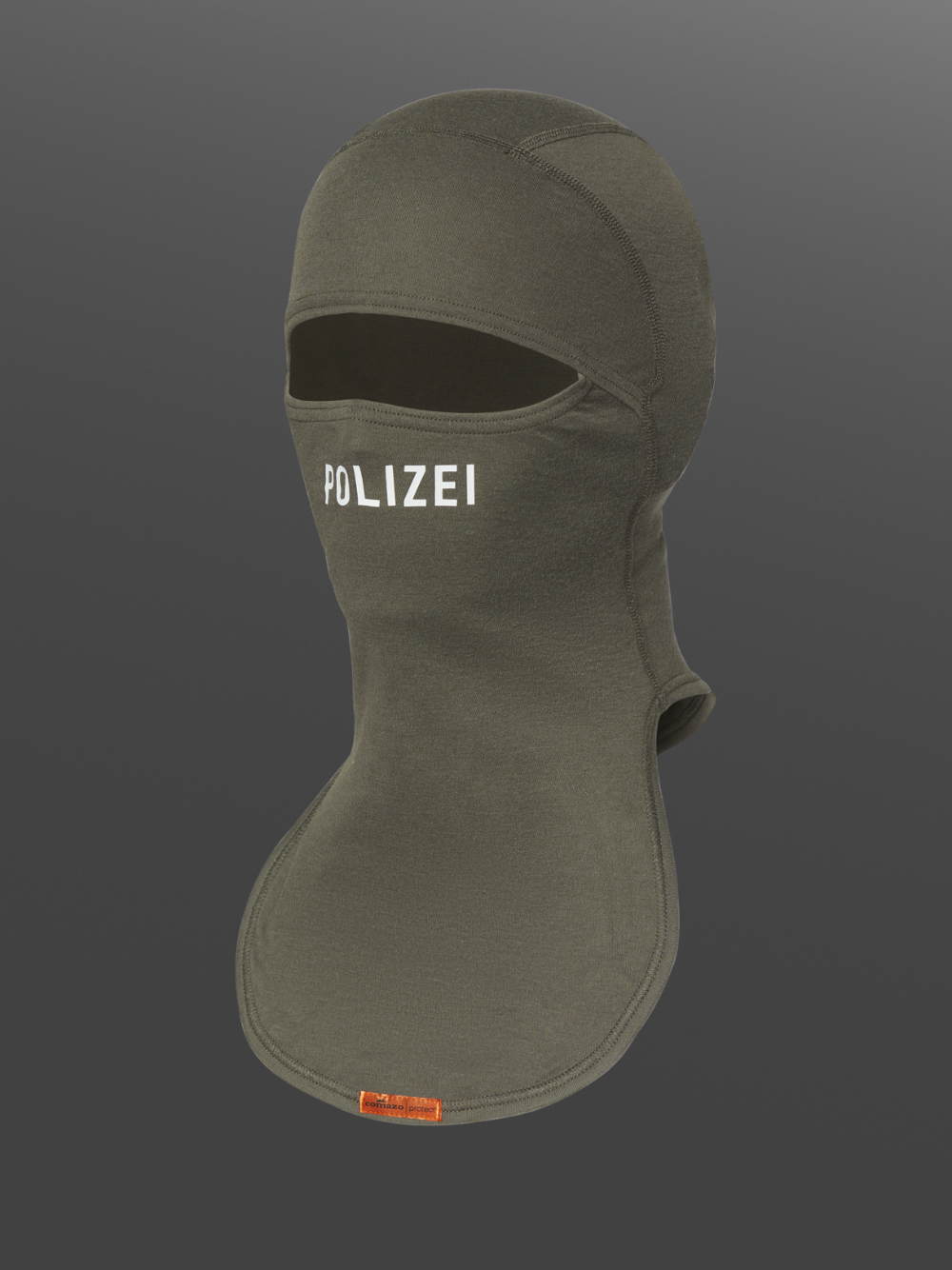 Flame-resistant hood, 1-ply with police print on the mouth/nose area, color stone gray/olive Product image front view: Flame-resistant hood, 1-ply with police print on the mouth/nose area, color stone gray/olive
