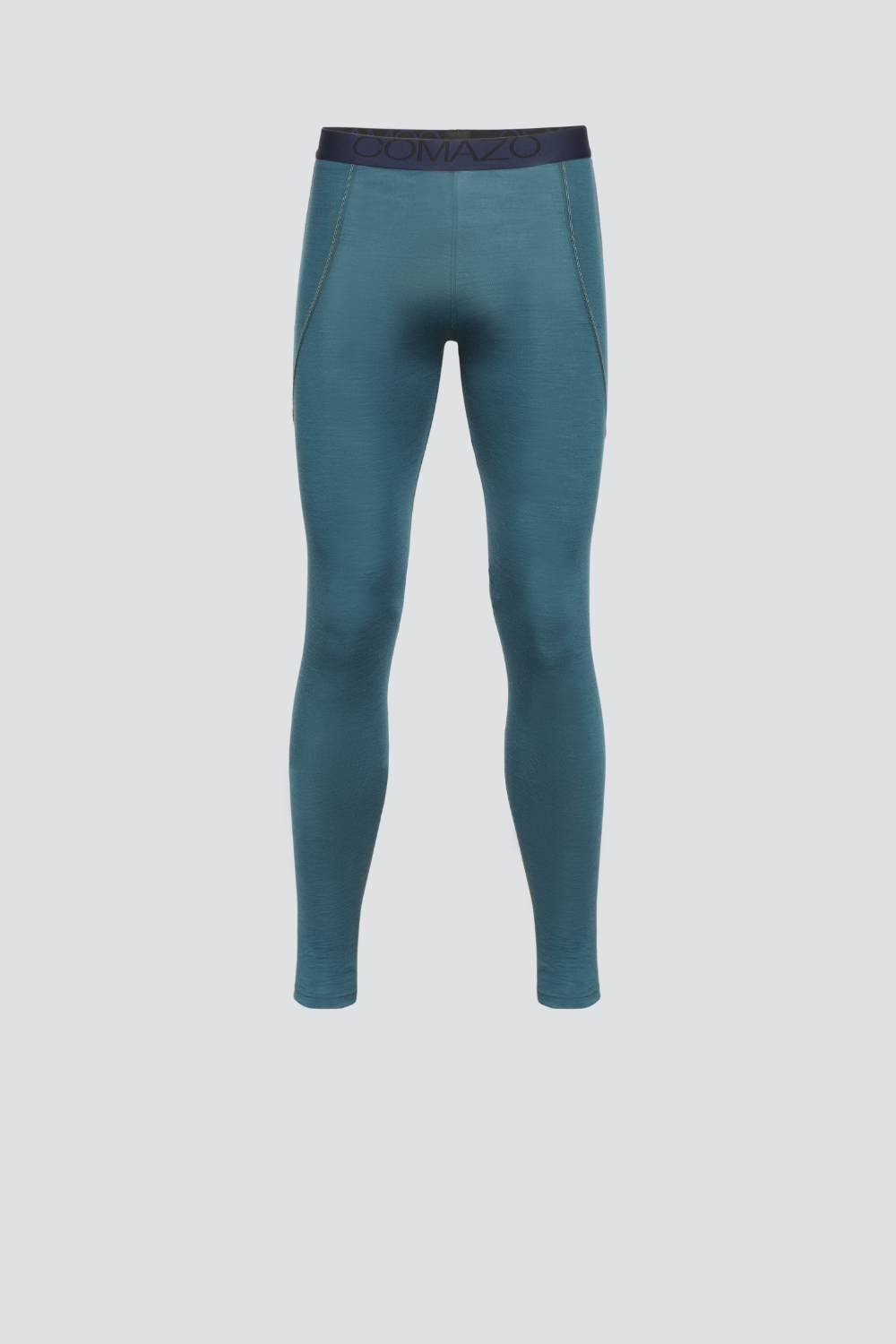 Comazo men's long underpants made of merino wool, color emerald/light green. Product image front view: Long underpants made of 100% mulesing-free merino wool by Comazo in emerald/light green color with Comazo logo waistband.