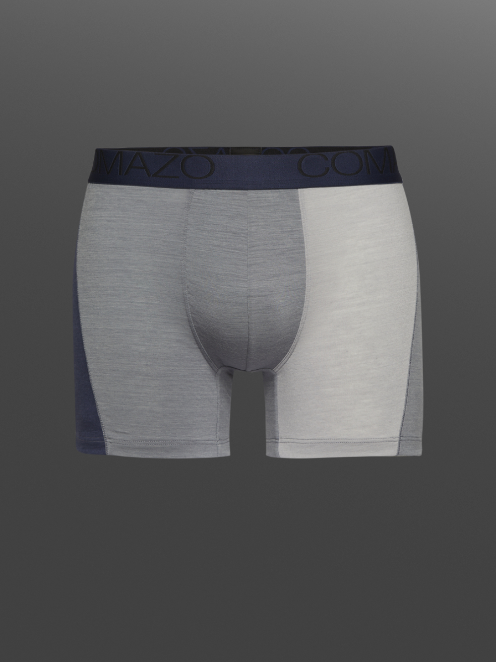 Comazo men's trunks made of merino wool in the color Grey/Navy. Product image front view of the merino wool trunks from Comazo in the color Grey/Navy with lettering on the waistband.
